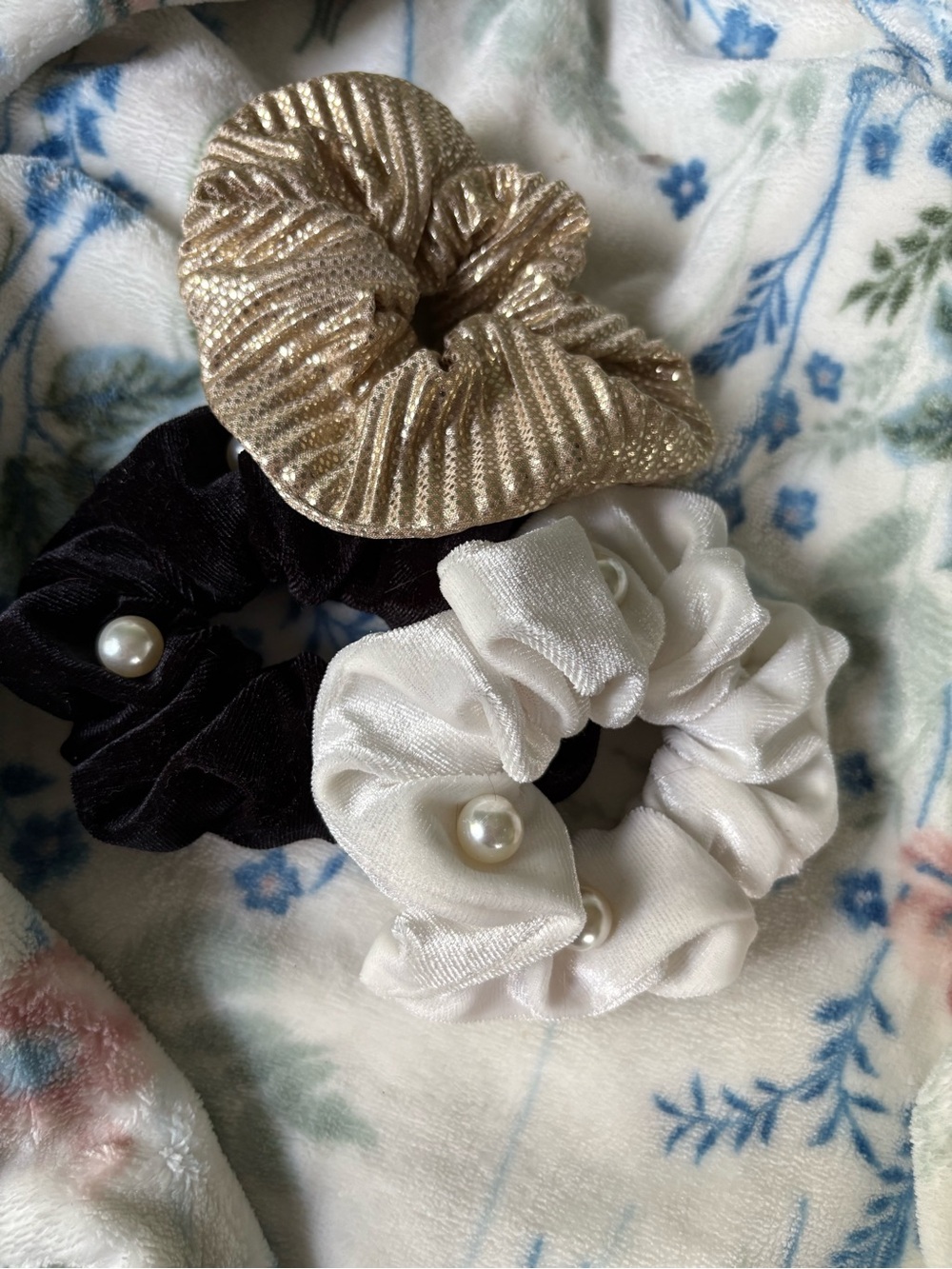 Francesca's Collections Gold, Black & White Pearl Accent Scrunchie Trio